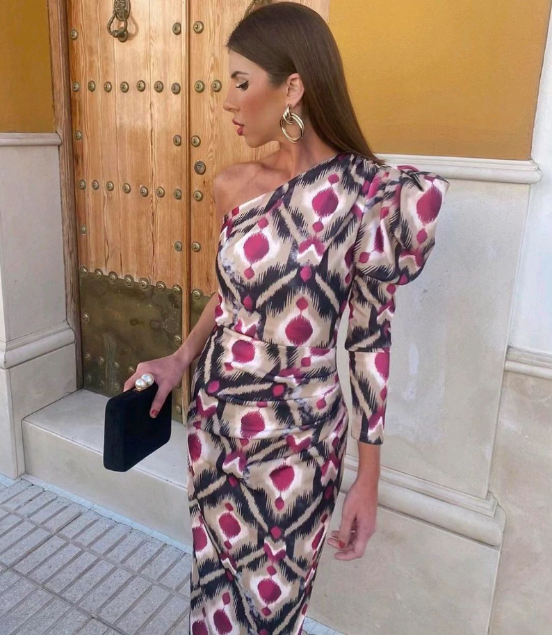 Elle - Paarse pof midi-jurk met één schouder