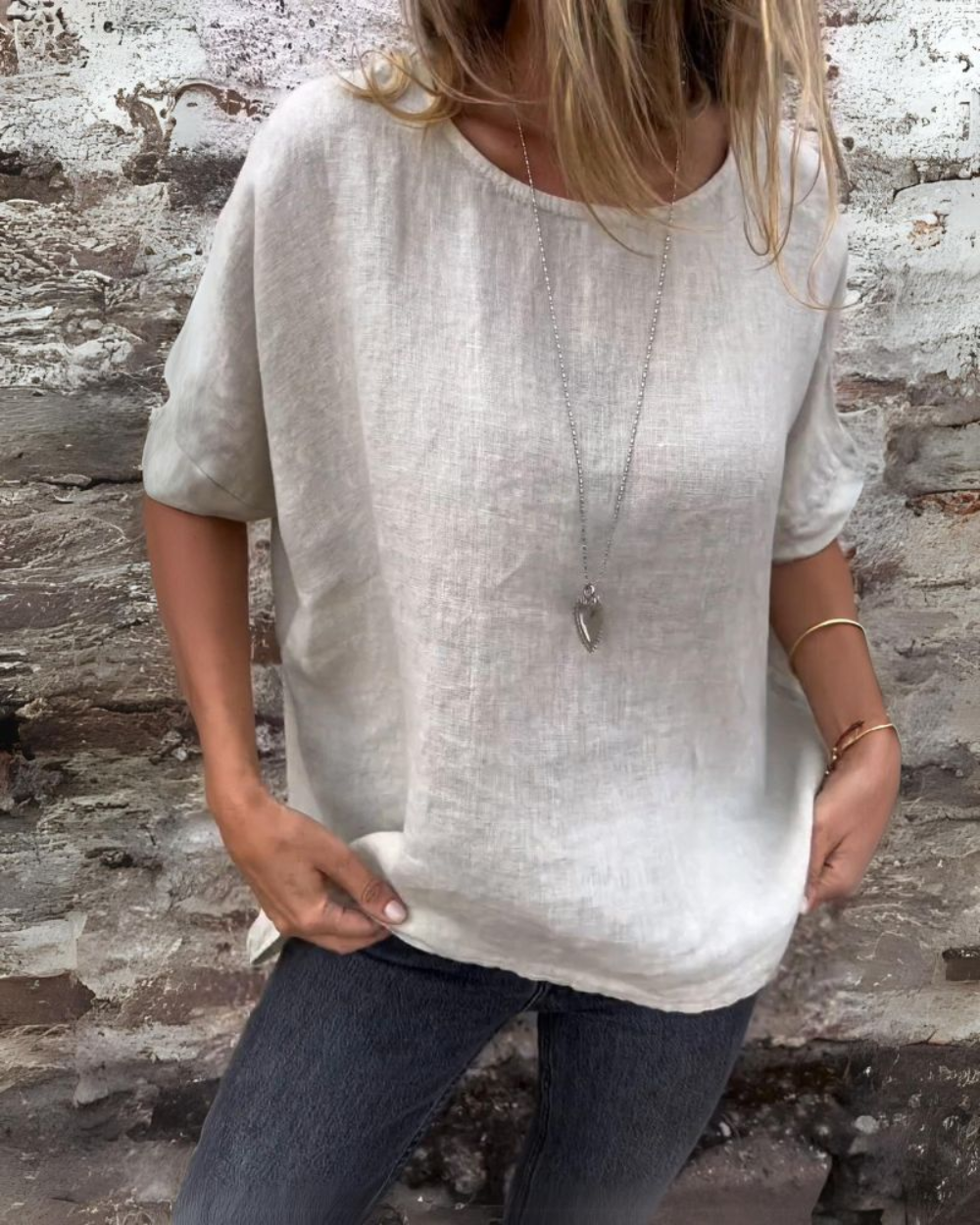 Katoen en linnen T-shirt met ronde hals