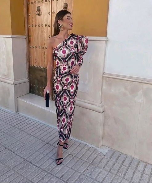 Elle - Paarse pof midi-jurk met één schouder