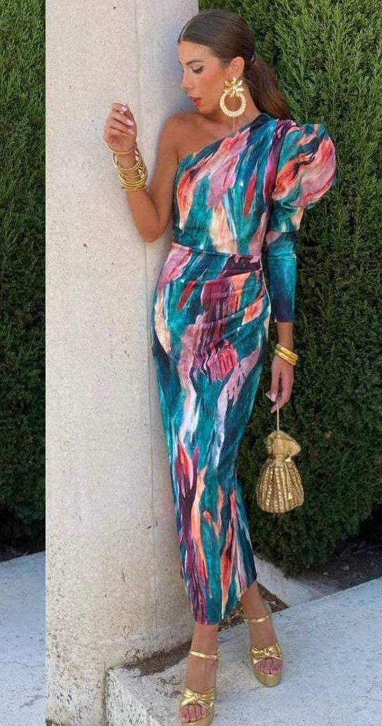 Elle - Paarse pof midi-jurk met één schouder