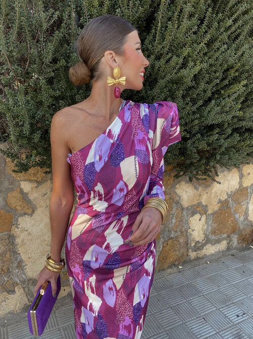 Elle - Paarse pof midi-jurk met één schouder